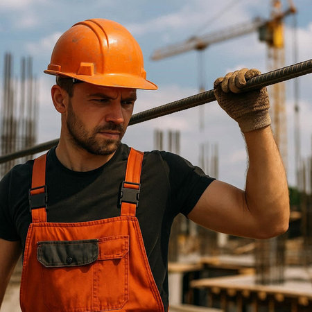Portrait of a construction worker on the background of a construction siteの写真素材