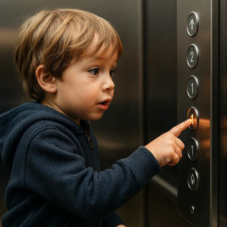 Little boy pressing the button on the elevator, close-up portrait