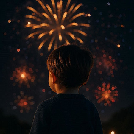 Back view of a young boy looking at fireworks in the night sky