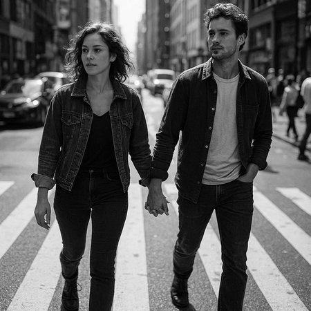 Couple walking in the street of New York City. Black and white photo.