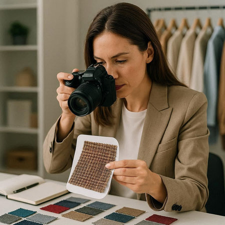 selective focus of female fashion designer holding digital camera while working in studio