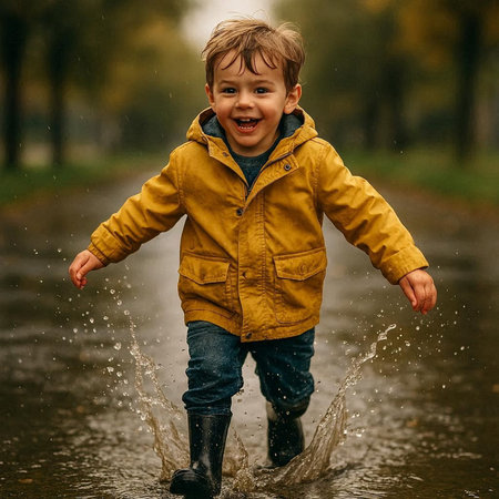 Happy little boy having fun in the rain. Cute child playing outdoors.