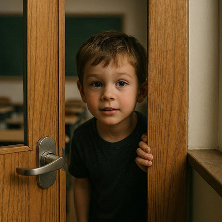 Portrait of a little boy standing in front of the door.