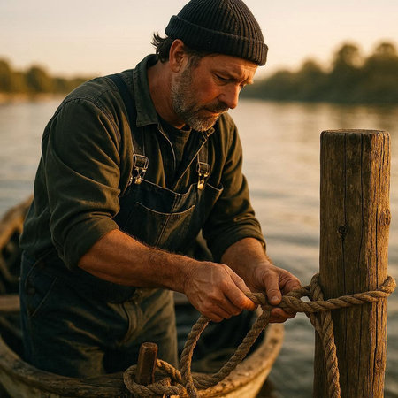 Fisherman tying a rope on a wooden pier at sunset.