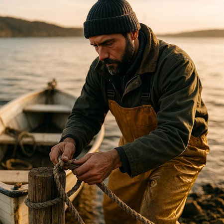 Fisherman tying a rope on a wooden boat at sunset.