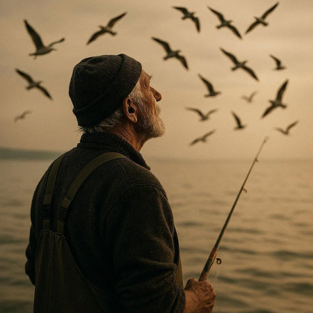 Senior man fishing with seagulls on the background at sunset