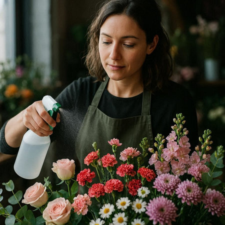 Female florist in apron using spray bottle to make bouquet of flowers