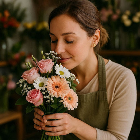Female florist holding bouquet of flowers in her hands.