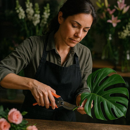 Female florist cutting a leaf with scissors in a flower shop