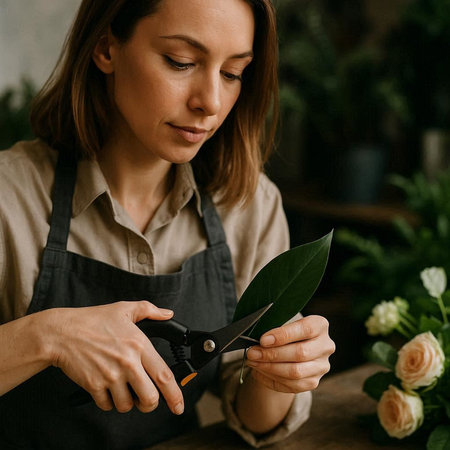Female florist cutting fresh green leaves with scissors in flower shop