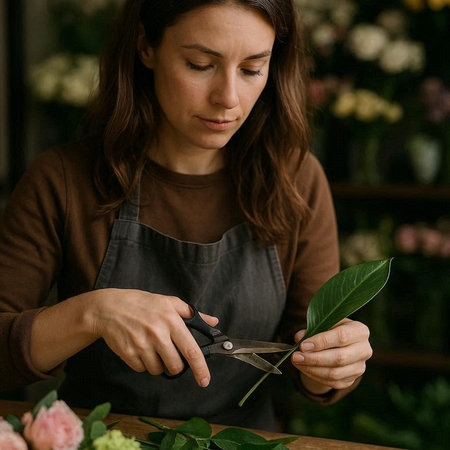 Female florist working in flower shop, cutting green leaves with scissors