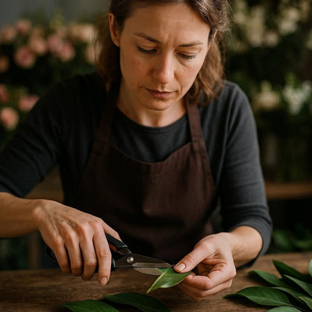 Close-up of female florist cutting green leaves with scissors