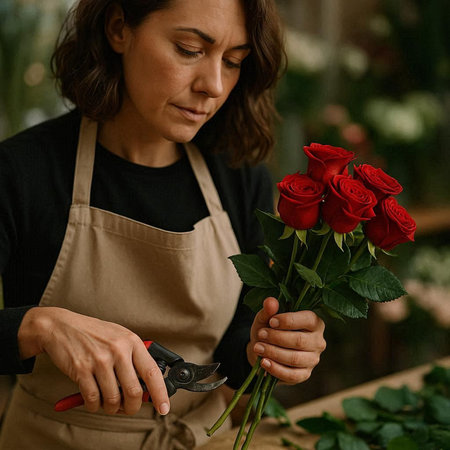 Florist holding a bouquet of red roses and pruning shears