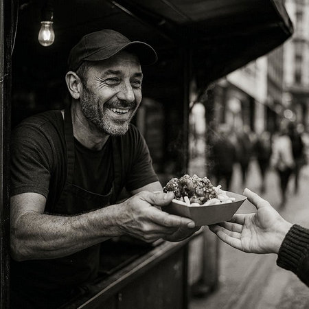 Street food seller serving a bowl of street food to a customer.