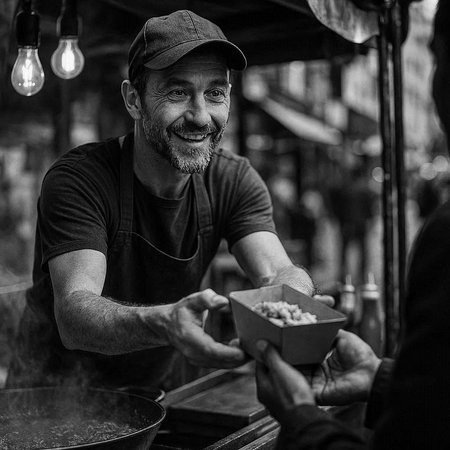 Handsome Bearded Man Selling Street Food In Black and White