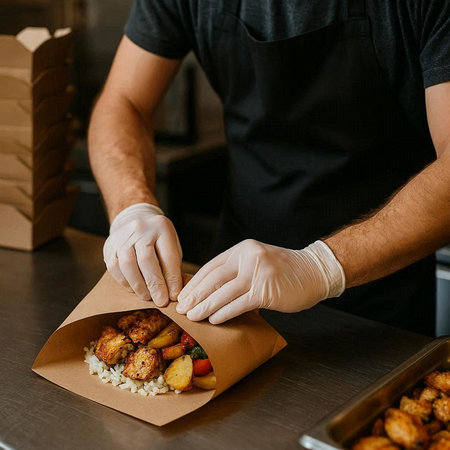 Close-up of the hands of a man in a black t-shirt and white gloves. The concept of fast food.