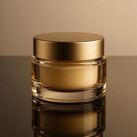 Cosmetic cream in a glass jar on a black reflective background.