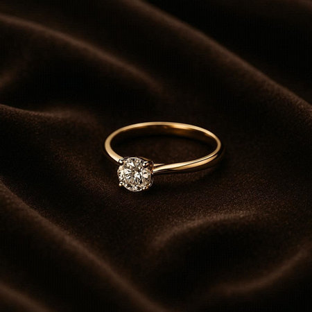 Diamond ring on brown satin background. Luxury jewelry concept.