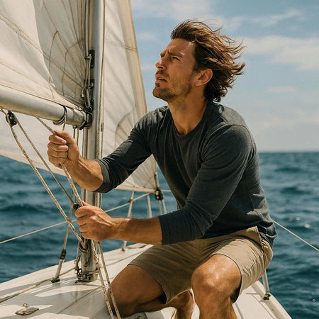 Handsome man sailing on sailboat in the sea on sunny day