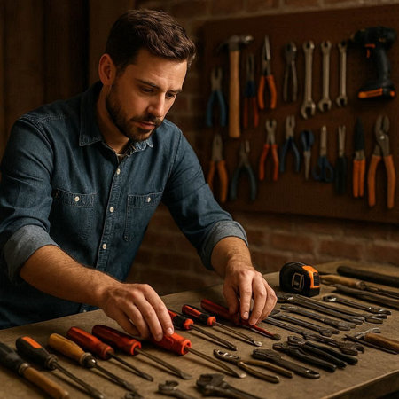Handsome cobbler working with tools in his workshop.
