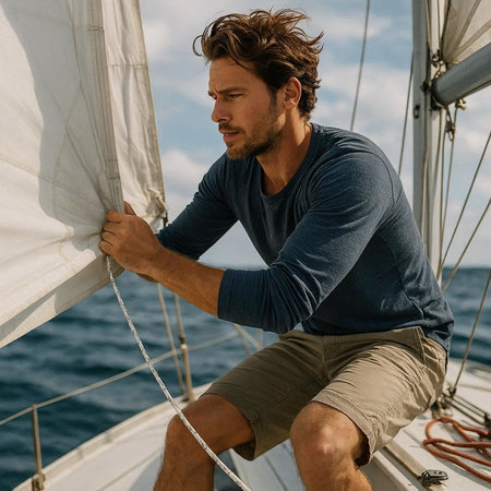 Handsome man sitting on the deck of a sailing yacht and looking away
