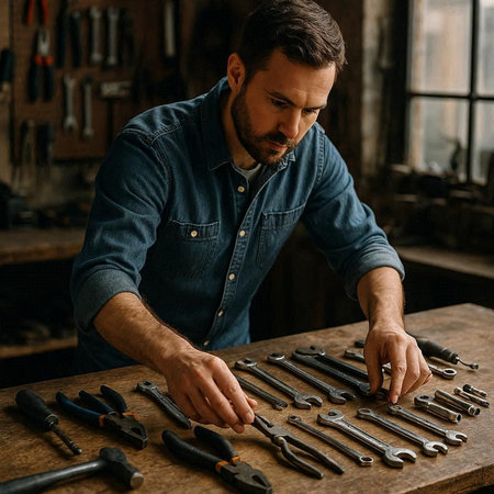 Handsome young carpenter working with a set of tools in his workshop