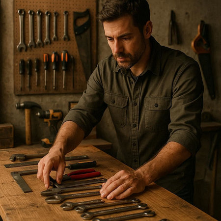 Handsome caucasian man working in his workshop. Carpentry.
