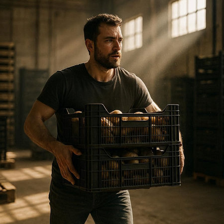 Man holding a box of freshly baked potatoes in a warehouse. Selective focus.