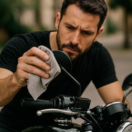 Handsome bearded man in black t-shirt wiping motorcycle with microfiber cloth.