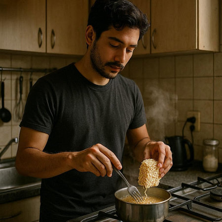 Handsome man cooking instant noodle in the kitchen at home