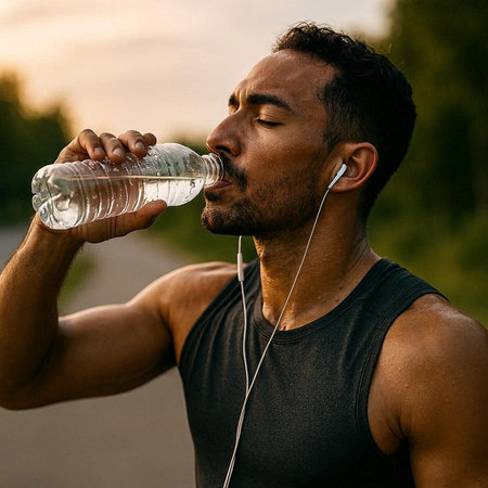 Athletic man drinking water from a bottle after workout.
