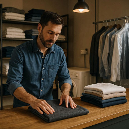 Handsome man in blue shirt polishing the table with a cloth