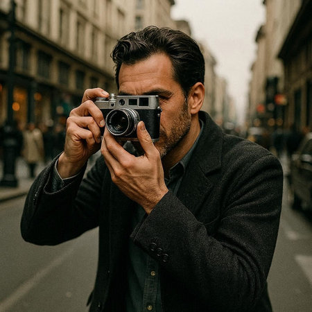 Handsome man taking a picture with a vintage camera on the street.