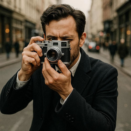 Handsome man taking photos with vintage camera in the city.