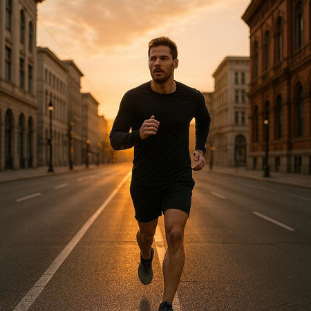 Running man jogging in city at sunset. Sport fitness model caucasian ethnicity training outdoor.