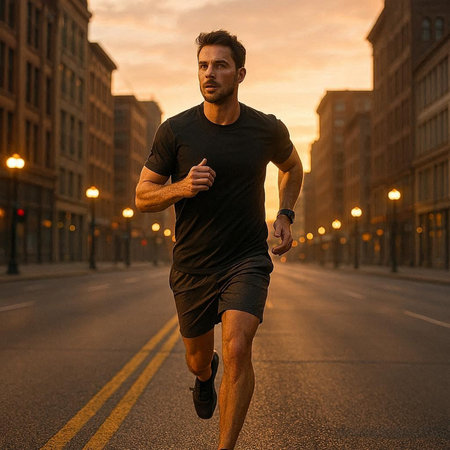 Running man jogging in city at night. Sport fitness model caucasian ethnicity training outdoor.