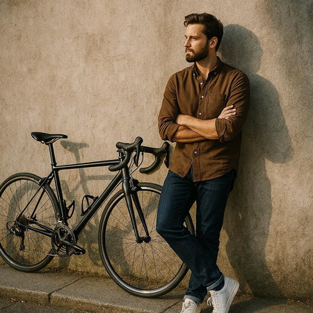 Handsome bearded hipster man in casual clothes standing with his bicycle leaning on wall