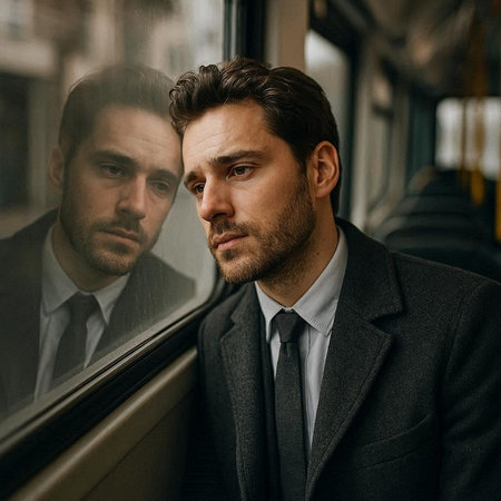 Handsome young man in a suit and tie standing by the window of a bus