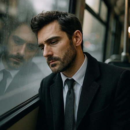 Portrait of a pensive businessman in a business suit looking out the window
