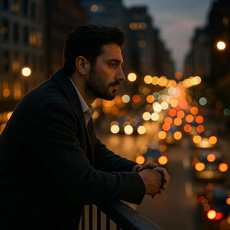 Portrait of a handsome young man in a business suit in the city at night