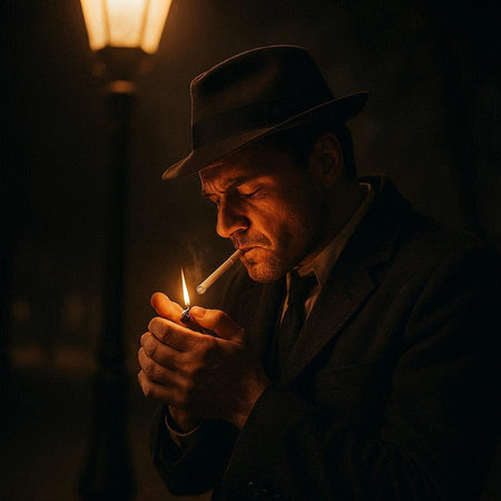Portrait of an old man smoking a cigarette in the dark.