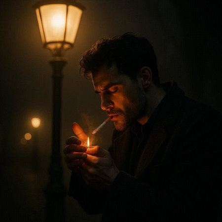 Portrait of a man smoking a cigarette in the street at night