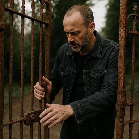 Portrait of a man with a beard and mustache in a denim jacket on a background of an iron gate.