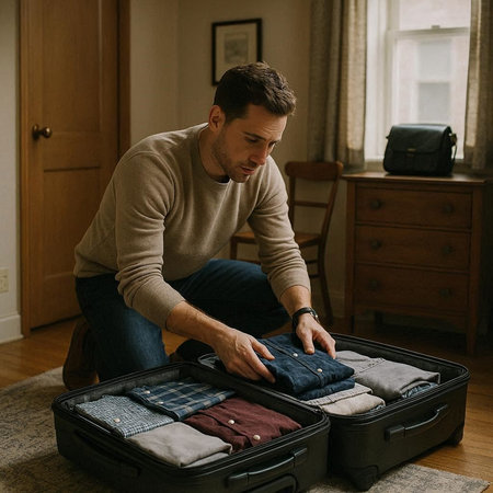 Handsome young man packing his clothes in a suitcase at home