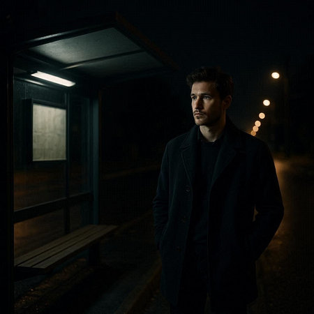 Fashionable young man in a black coat and sunglasses standing in an alley at night.