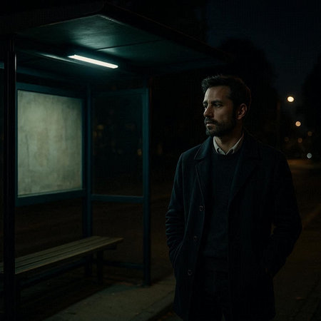 Portrait of a handsome man in a dark coat at the bus stop.