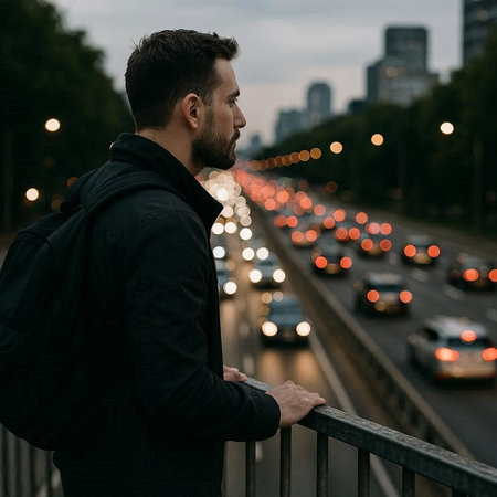 Handsome young man in a black jacket with a beard on the background of the night city.