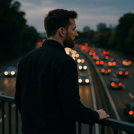 Handsome young man in black jacket standing on bridge and looking at traffic jam