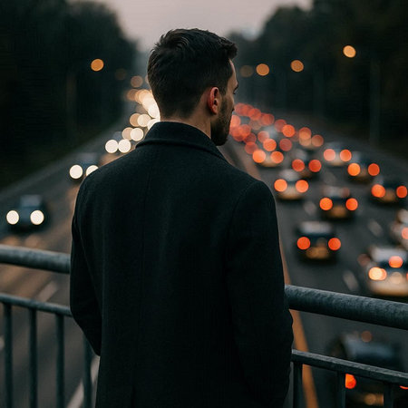 Back view of a young man in a black coat standing on the bridge and looking at the traffic jam.