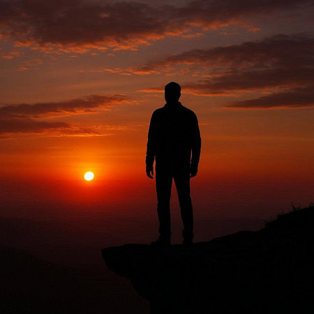 Silhouette of a man standing on the edge of a cliff during sunset